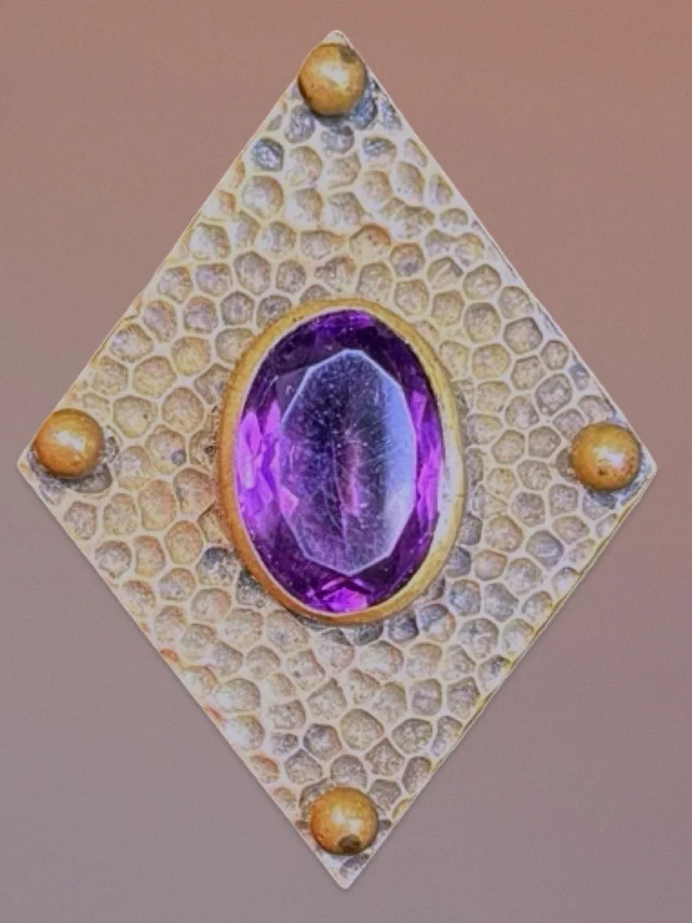 Antique Arts & Crafts Hammered Brass Amethyst Glass Brooch Pin w/ Box
